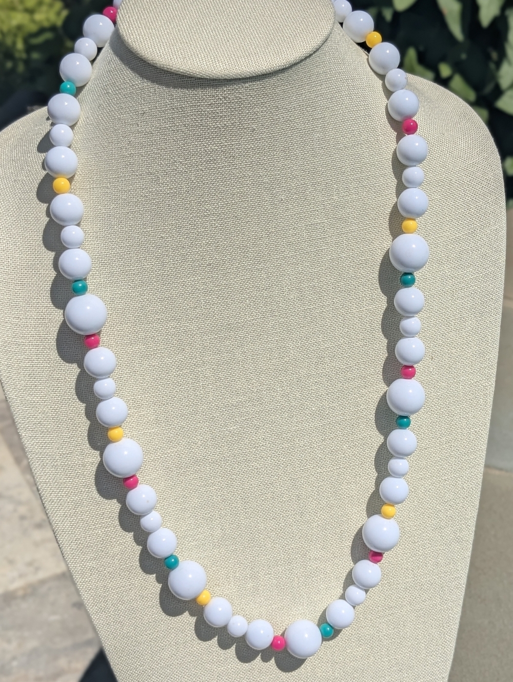 Vintage Long Beaded Necklace White Multicolor Acrylic Beads Retro Statement